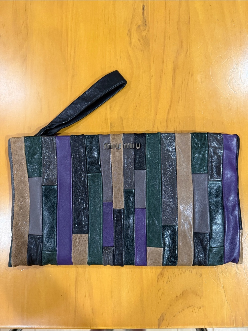Miu Miu Patchwork Leather Wristlet in Green, Purple, Tan, Black & Gray